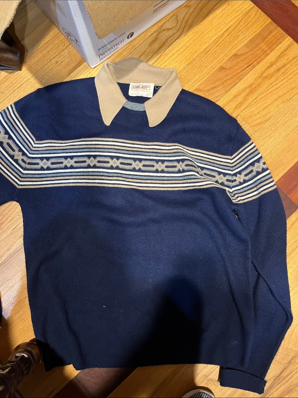 Men's Navy Crewneck Sweater with Beige Contrast Collar